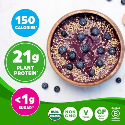 Acai bowl with blueberries, nutrition facts displayed.