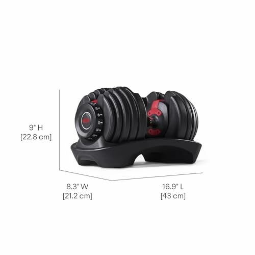 Adjustable dumbbell with size dimensions displayed.