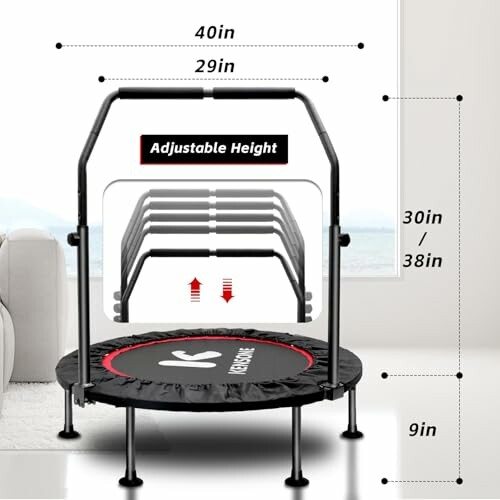 Adjustable height fitness trampoline with dimensions.