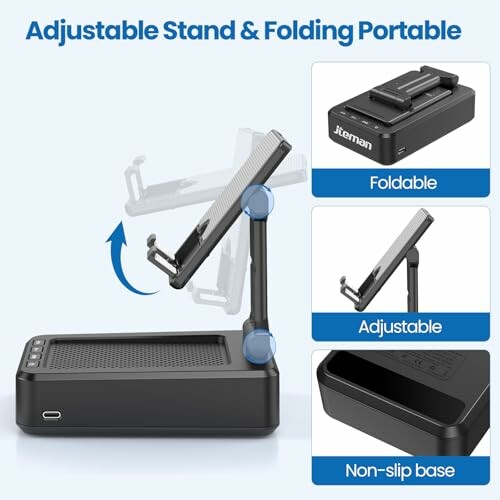 Adjustable and folding portable stand with non-slip base.