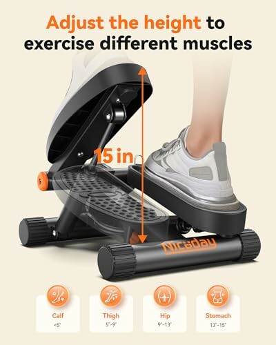 Adjustable stepper with foot on pedal, showing height adjustments for muscle exercise.