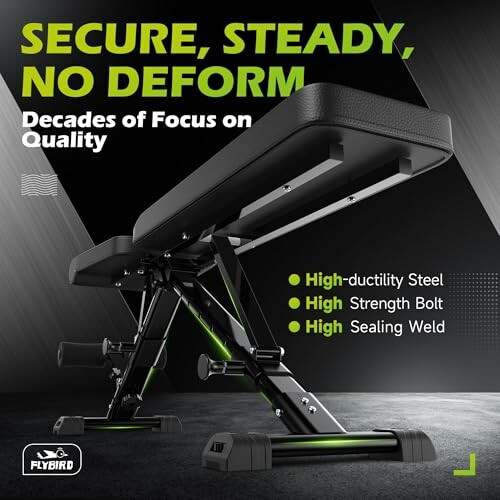 Adjustable weight bench with high-ductility steel, strength bolt, and sealing weld features.
