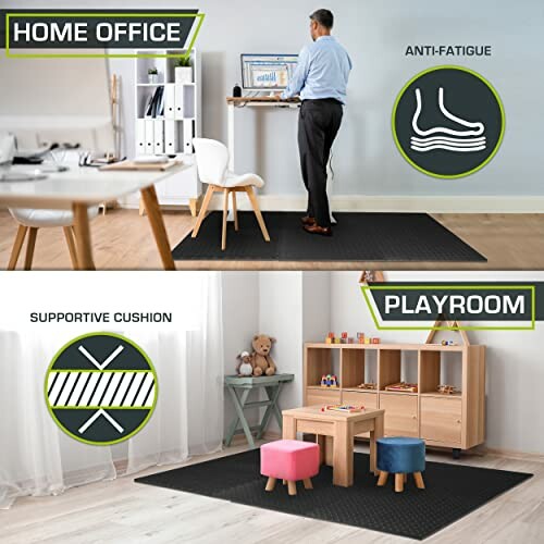 Anti-fatigue mat in home office and playroom settings.