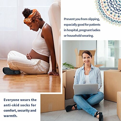 Pregnant woman sitting on floor and woman with laptop, promoting anti-skid socks for safety and comfort.