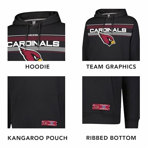 Black Arizona Cardinals hoodie with team graphics, kangaroo pouch, and ribbed bottom.