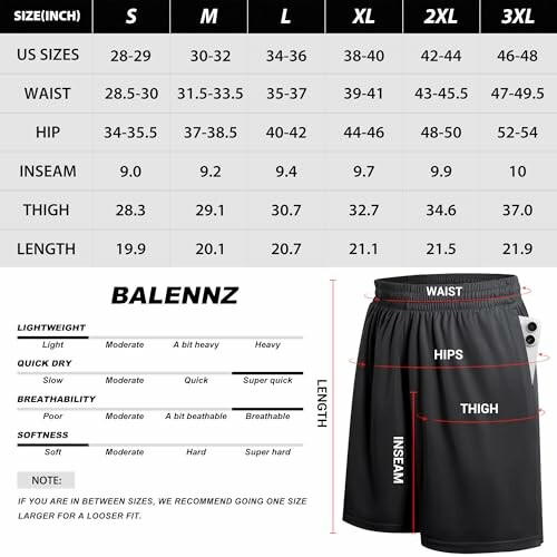 Balennz shorts size chart and features.