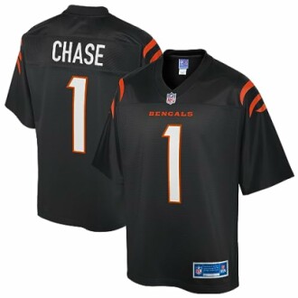 Front and back view of a black Bengals jersey with number 1.