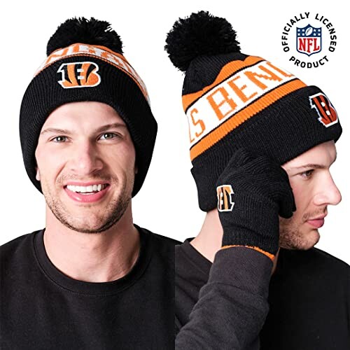 Man wearing Bengals knit hat and gloves, officially licensed NFL product.