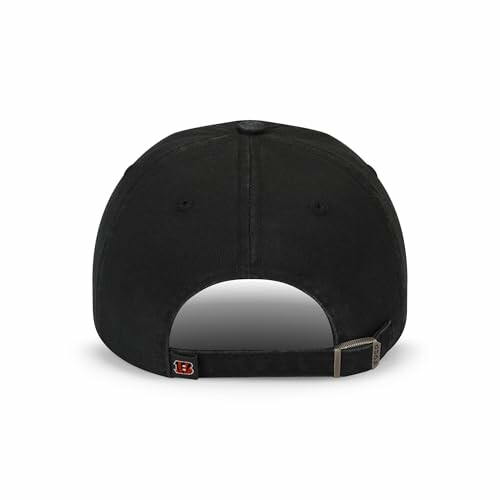 Back view of a black baseball cap with adjustable strap