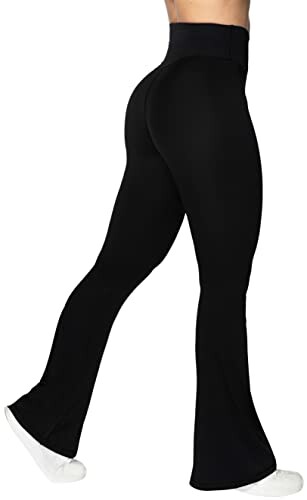 Person wearing black flare yoga pants and white sneakers