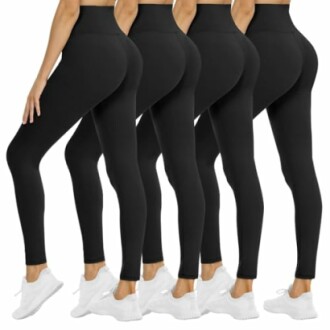 Set of four women wearing black leggings and white sneakers.