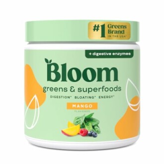 Bloom greens and superfoods mango flavored supplement with digestive enzymes.