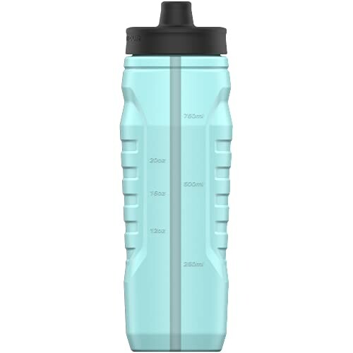 Blue sports water bottle with measurement markings.
