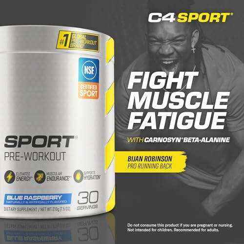 C4 Sport pre-workout supplement with athlete promoting muscle fatigue reduction.