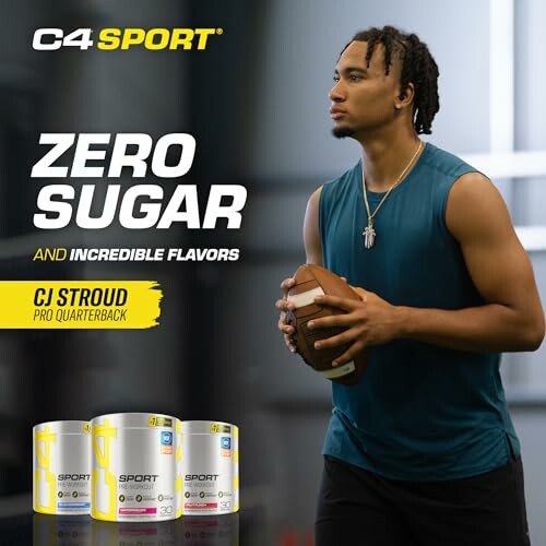 C4 Sport ad featuring a quarterback holding a football with zero sugar message.