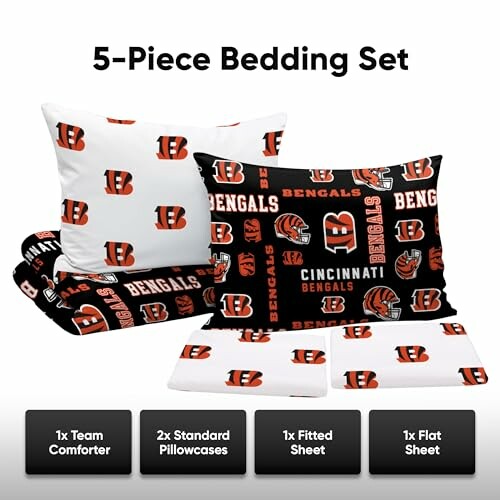 5-piece Cincinnati Bengals bedding set with comforter, pillowcases, and sheets.
