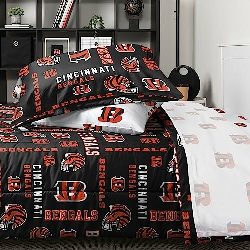 Cincinnati Bengals themed bedding set with logos and team colors.