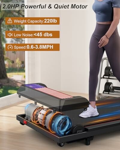 Woman exercising on a treadmill with features highlighted: 220lb weight capacity, low noise under 45 dB, speed range 0.6-3.8 MPH.