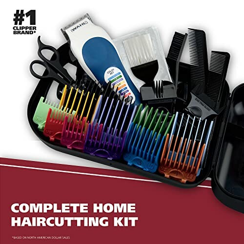 Complete home haircutting kit with clippers, combs, and accessories.