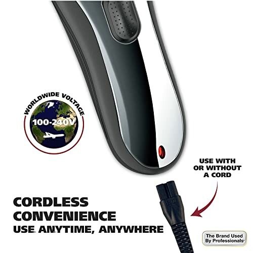 Cordless hair clipper with worldwide voltage and cord option.