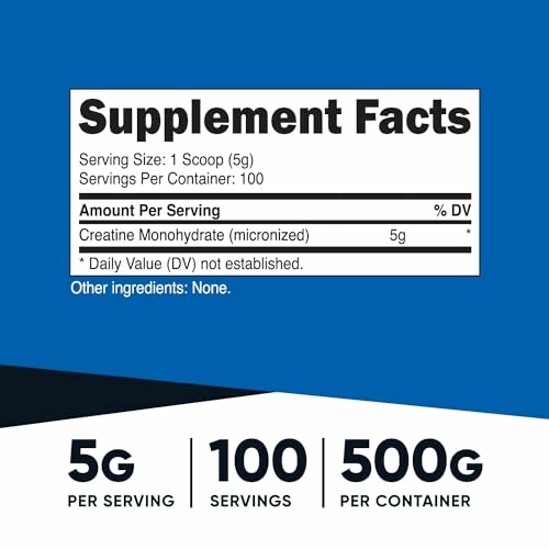 Supplement facts for creatine monohydrate, 5g per serving, 100 servings per container.