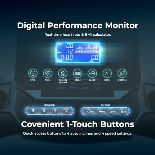 Digital performance monitor with buttons and display for heart rate and BMI.