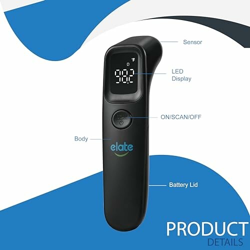 Digital thermometer with LED display and labeled parts.