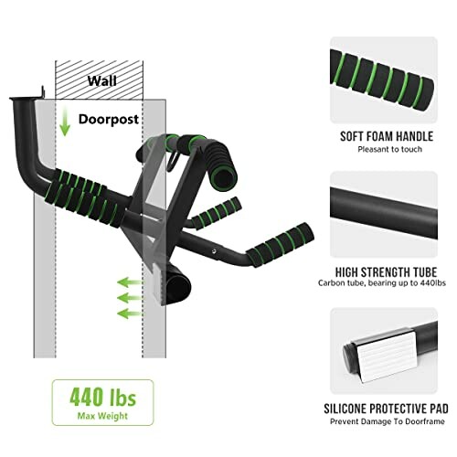 Doorway pull-up bar with foam handles and silicone pads