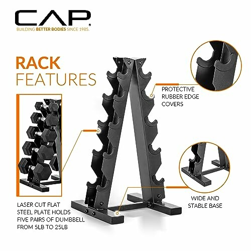 Dumbbell weight rack with features highlighted, including laser cut steel plate, protective rubber edge covers, and wide stable base.