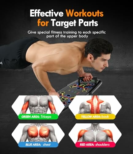 Man performing push-ups with labeled muscle focus areas: triceps, back, chest, shoulders.