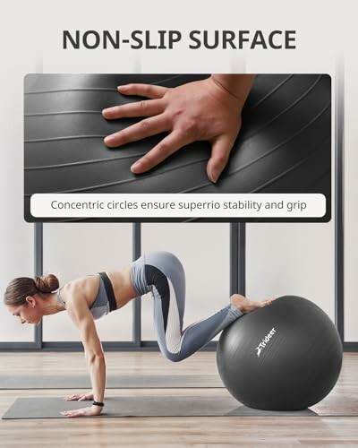Person using exercise ball with non-slip surface for stability.