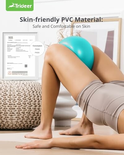 Woman using exercise ball for workout with safety certification.