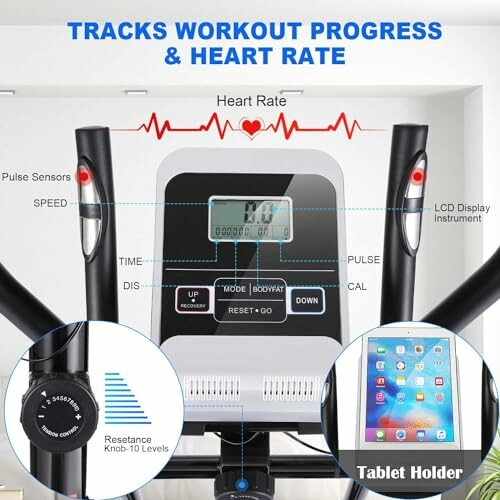 Exercise bike display showing workout progress and heart rate.