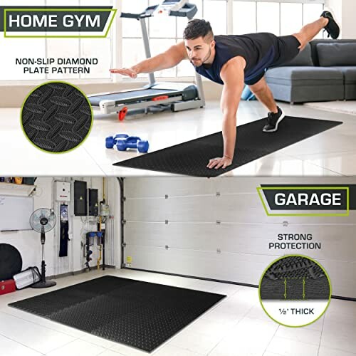 Man exercising on non-slip mat in home gym and garage setup.
