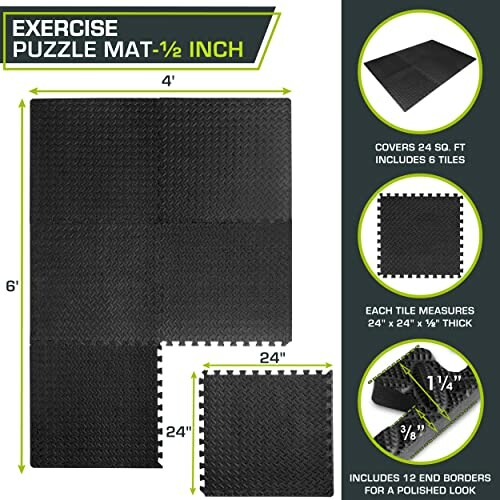 Black exercise puzzle mat with interlocking tiles and dimensions.