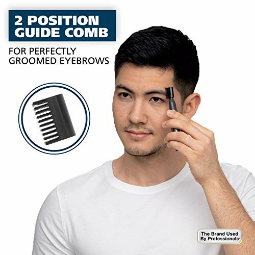 Man using a 2 position guide comb for grooming eyebrows.