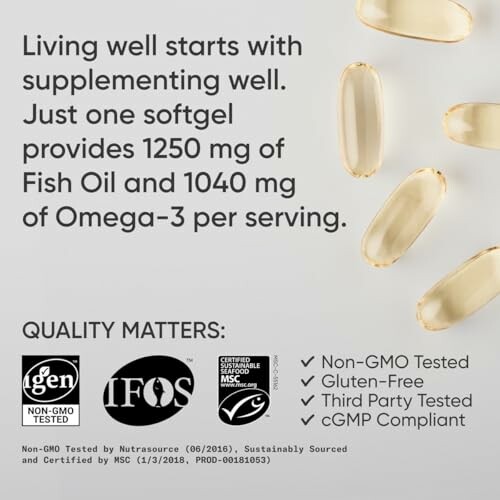 Fish oil supplement information with 1250 mg of Fish Oil and 1040 mg of Omega-3 per serving, highlighting quality standards.