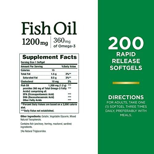 Fish Oil supplement facts with dosage instructions.