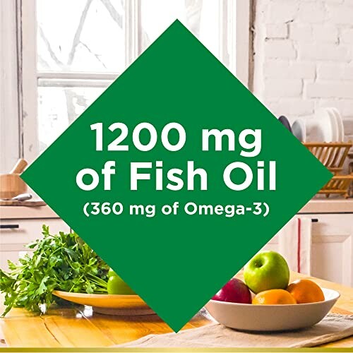Fish oil supplement label with 1200 mg in kitchen setting.