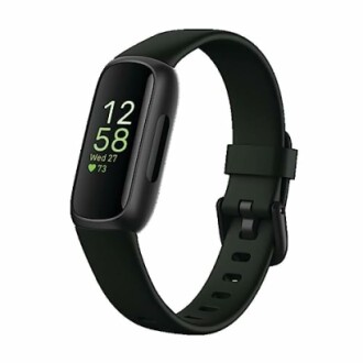 Black fitness tracker showing time and heart rate