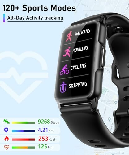 Smartwatch displaying sports modes and activity tracking.