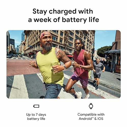 Two men jogging in urban setting promoting fitness watch with long battery life.