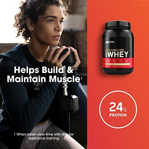 Person holding dumbbell next to whey protein container