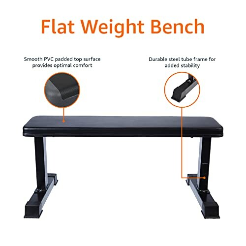 Flat weight bench with padded top and steel frame.