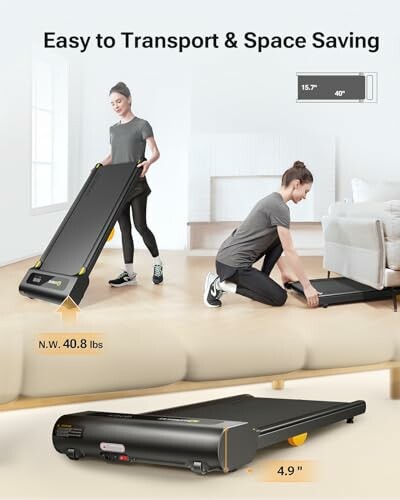Person moving and storing a foldable treadmill under a couch.