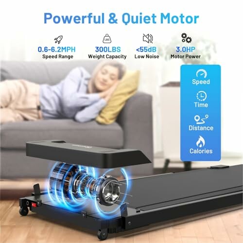 Foldable treadmill with features like speed range, weight capacity, and motor power.
