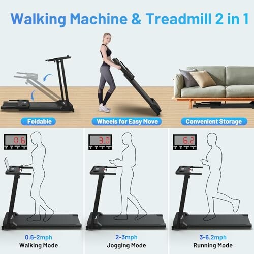 Foldable treadmill with walking, jogging, and running modes, easy storage.