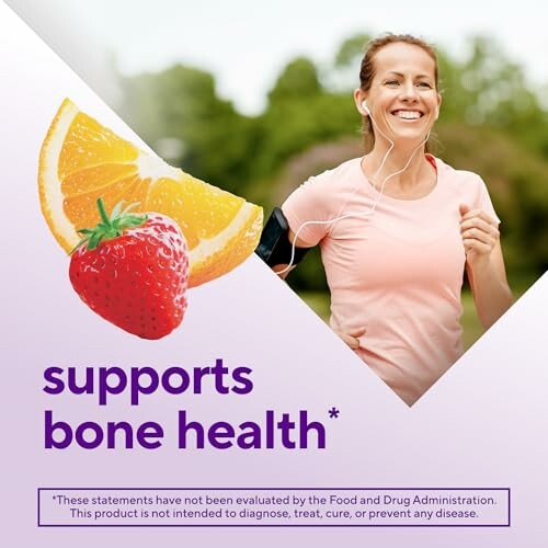 Woman jogging with fruits and text 'supports bone health'