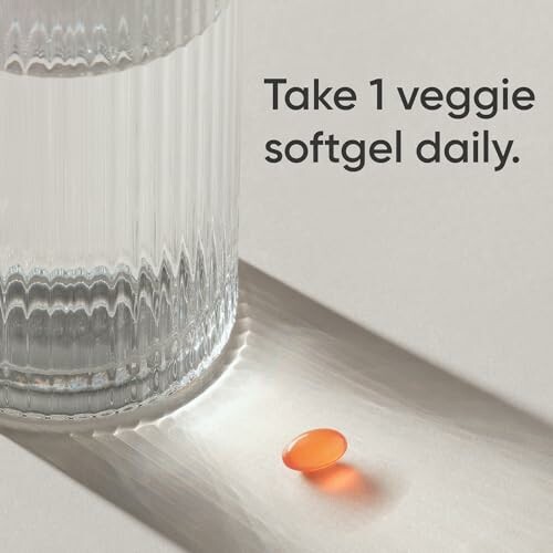 Glass of water and a single veggie softgel with text 'Take 1 veggie softgel daily.'
