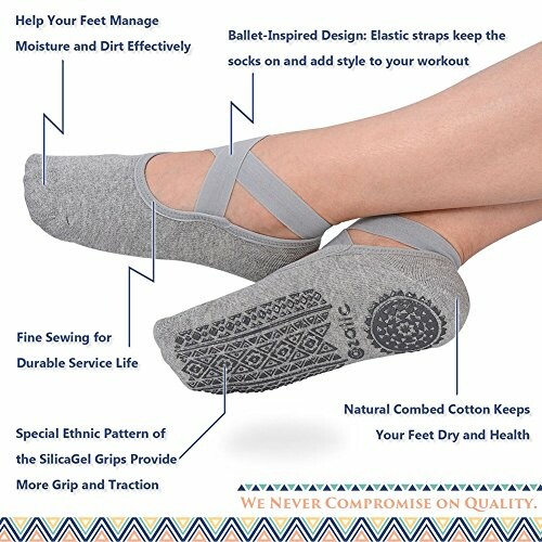 Gray ballet-inspired grip socks with moisture management and durable design features.